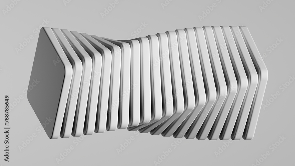 3d render, abstract minimalist white background. Group of simple objects. Twisted column