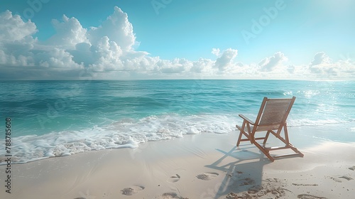 serene setting of a beach chair on the sandy beach  with the clear blue sky and gentle ocean breeze  in stunning 8k full ultra HD resolution.