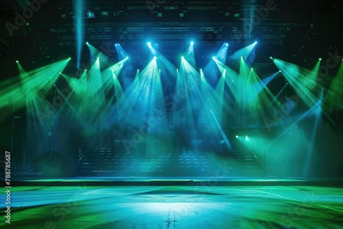 empty stage, bright green spotlights. start of the show. theater, concert hall
