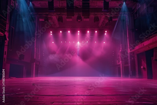 empty stage, bright light pink spotlights. start of the show. theater, concert hall --ar 3:2 Job ID: 5d387fea-f28f-4267-978b-3690b77a1402