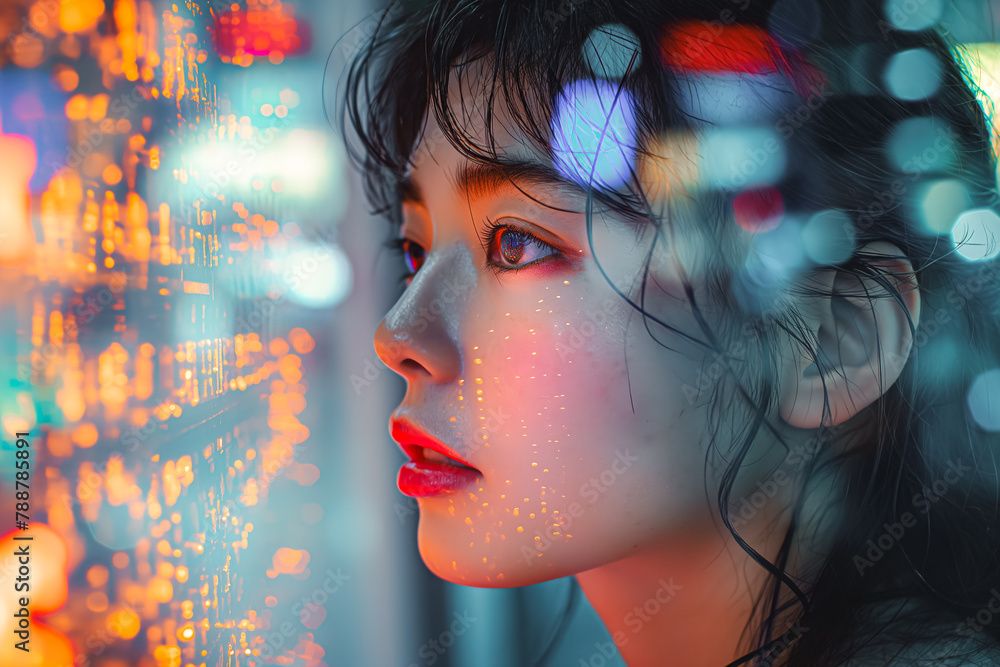 Woman Looking Out of Window at Night Woman Looking Out of Window at Night