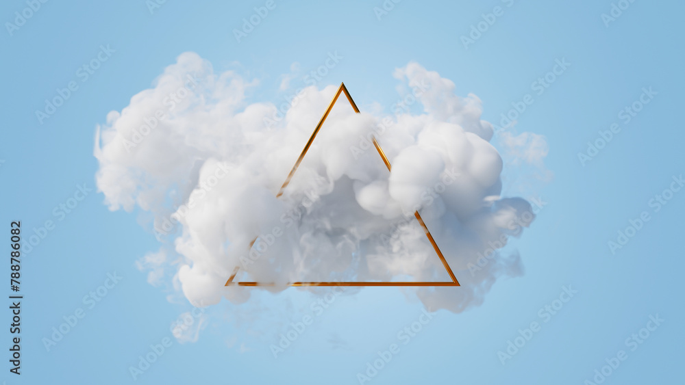 Obraz premium 3d render, abstract geometric background of gold linear triangle inside the white cloud, floating mystic vapor, futuristic minimalist wallpaper