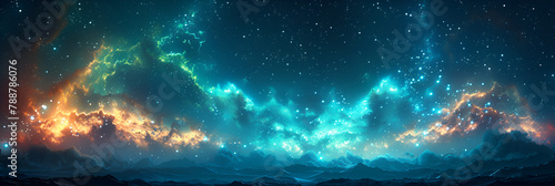 Beautiful Sky with Aurora and Stars. Green North, Science fiction nebula background