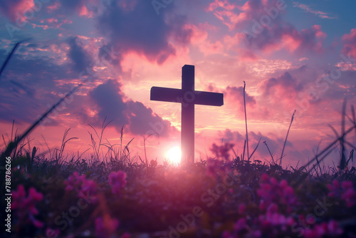 Sunset Behind Silhouetted Cross in Field