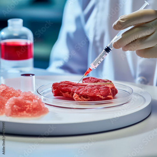 Lab-grown meat by depicting a laboratory table with a petri dish containing meat-like substance. photo