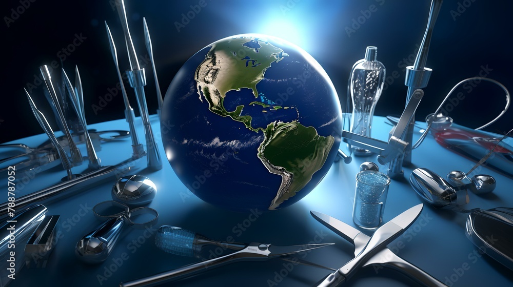 Blue shield with world map on dark background. 3D rendering. - obrazy, fototapety, plakaty 
