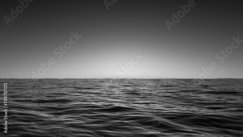 3d render. Black and white monochrome seascape with a distant horizon. The sun's rays faintly illuminate a dark, textured ocean, creating a moody monochrome landscape that evokes mystery and depth