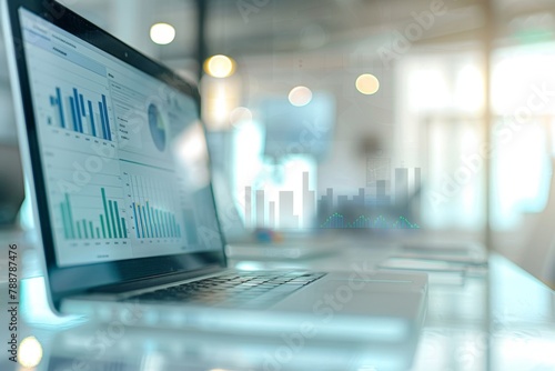 A blurry, out-of-focus background of an office desk with elements like graphs and charts floating in the air above it indicating data analysis or a marketing pilot program Generative AI photo