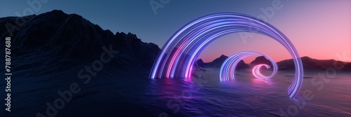 3d render. Abstract neon background. Aesthetic minimalist wallpaper. Surreal landscape. Black rocky mountains and glowing lines. Fantastic scenery of geomagnetic phenomenon, stream of energy photo