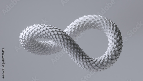 3d render of twisted infinity symbol with white snake skin texture, isolated on white background. Abstract minimalist wallpaper of dragon scales texture