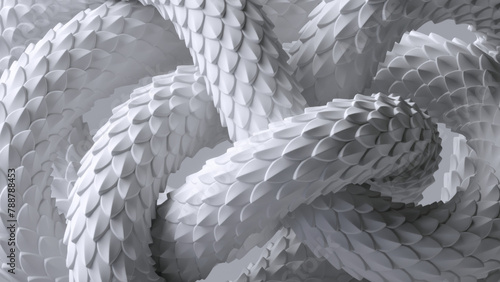 3d render of a white snake skin.Tangled snake tail background. Abstract dragon scales texture © NeoLeo
