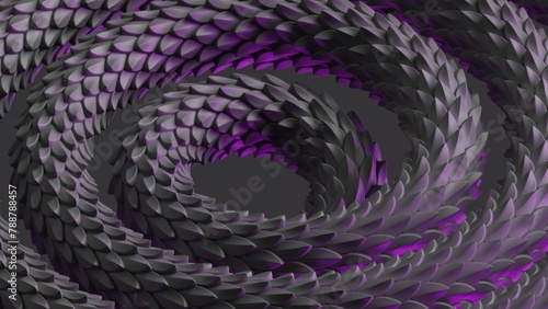 3d render image of a black snake skin helix, illuminated with pink neon side light. Wavy dragon scales texture