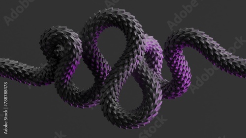 3d render. Abstract minimalist wallpaper of curvy snake skin rope illuminated with pink neon light, isolated on black background