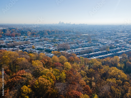 Aerial landscape of suburban multifamily homes in suburban Ardmore Philadelphia Pennsylvania