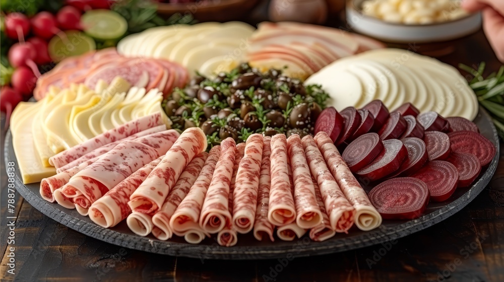   A table is laden with a selection of meats, cheeses, and other dishes, accompanied by an array of vegetables