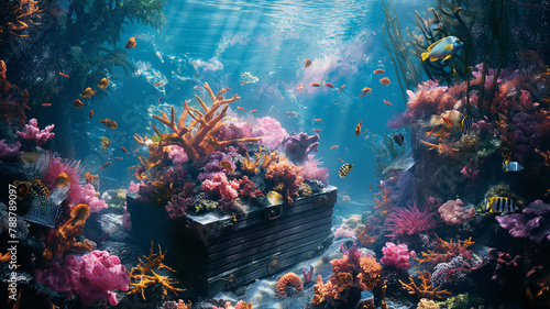 Whimsical Underwater Treasure Scene with Colorful Coral Reef
