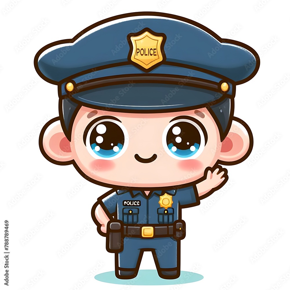 Cute policeman standing with arms on back cartoon character. People profession concept design. Isolated white background. Vector art illustration. Adorable chibi flat cartoon style Cute policeman standing with arms on back cartoon character. People profession concept design. Isolated white background. Vector art illustration. Adorable chibi flat cartoon style