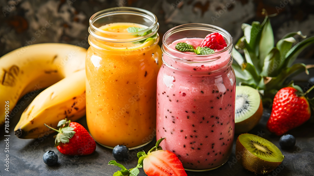 Stylish and Colorful Smoothies with Fresh Berries and Banana Stylish and Colorful Smoothies with Fresh Berries and Banana