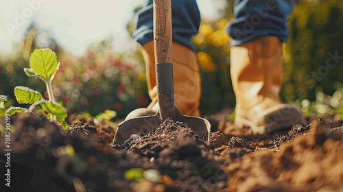 A man clad in boots is hard at work in the garden digging into the rich black soil The camera captures a close up of the shovel as it breaks ground Engaged in agricultural tasks a worker dil photo