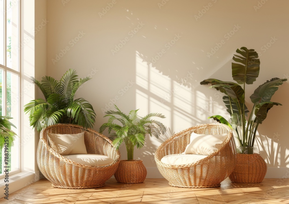 A living room with two rattan chairs, potted plants and abstract art on the wall. featuring natural materials like bamboo furniture and beige carpet. A wooden coffee table A living room with two rattan chairs, potted plants and abstract art on the wall. featuring natural materials like bamboo furniture and beige carpet. A wooden coffee table