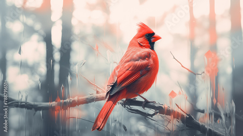 Double Exposure, white background, side view of a bright Red Cardinal ~ Created using Generative AI