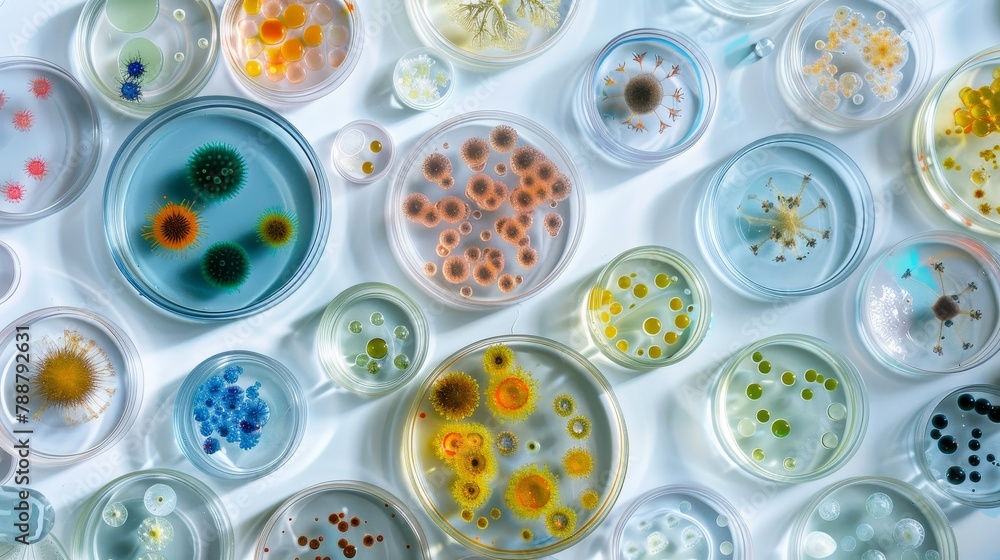 Overhead view of diverse bacteria cultures in petri dishes, showcasing ...