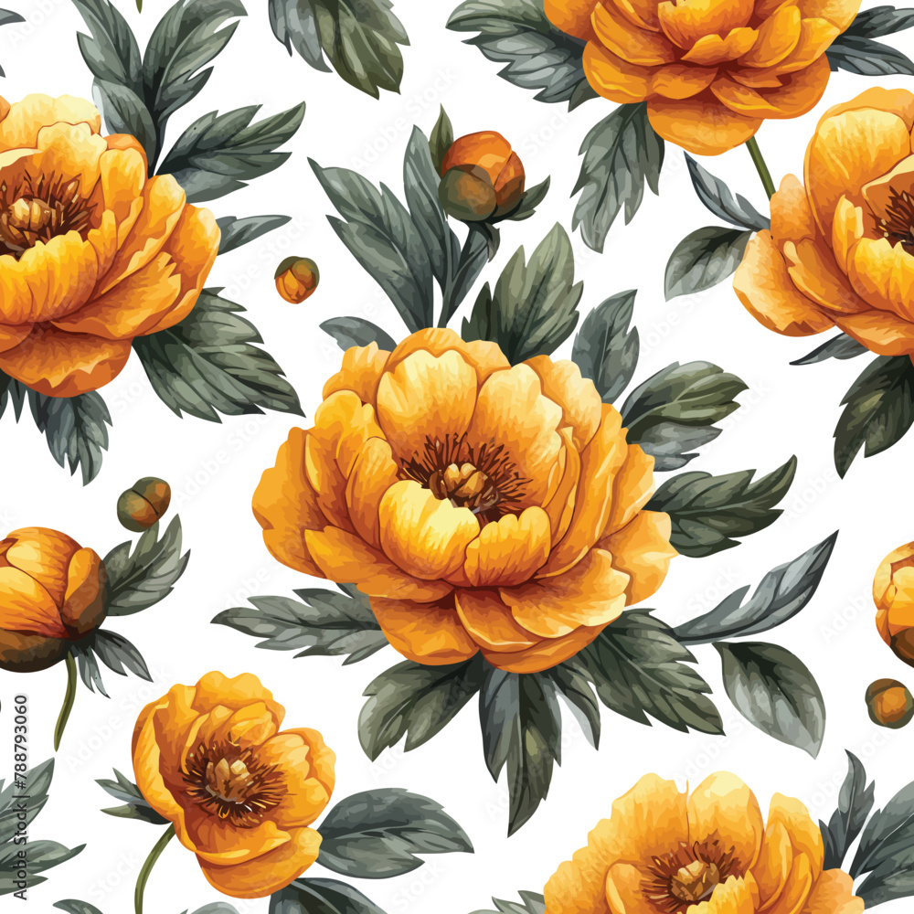 Vector Seamless Watercolor Pattern colorful Design with orange flowers