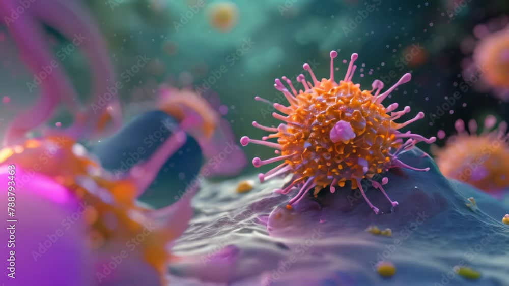 This close-up photo showcases a bunch of small orange and pink objects arranged in a vibrant and eye-catching display, Microscopic view of a virus attacking a cell This close-up photo showcases a bunch of small orange and pink objects arranged in a vibrant and eye-catching display, Microscopic view of a virus attacking a cell