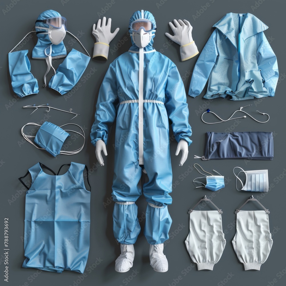 a display of medical equipment including a blue suit and gloves. - obrazy, fototapety, plakaty 