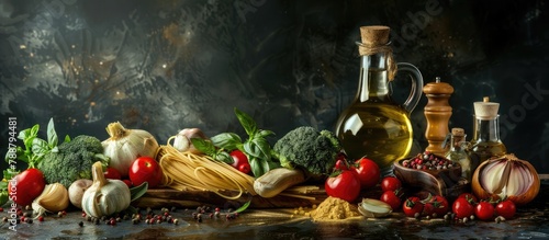 Italian cuisine. Vegetables, olive oil, spices and pasta against a dark backdrop.