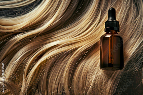 A bottle of natural hair care oil is strategically placed next to a lock of smooth blonde hair.