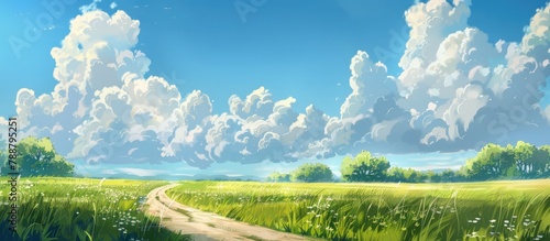 Landscape in summer featuring grass  a road  and clouds.