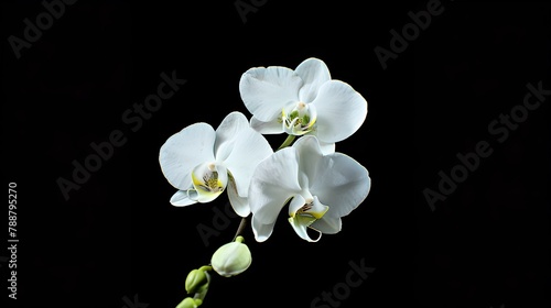 Elegant white orchid blooms isolated on black background  perfect for decor  greetings and invitations. Simple yet captivating beauty of nature showcased. AI