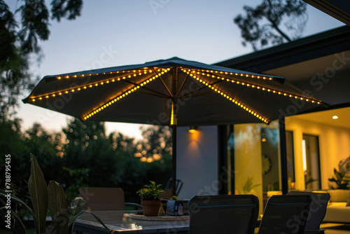 Patio Umbrella with LED Lights in the Evening