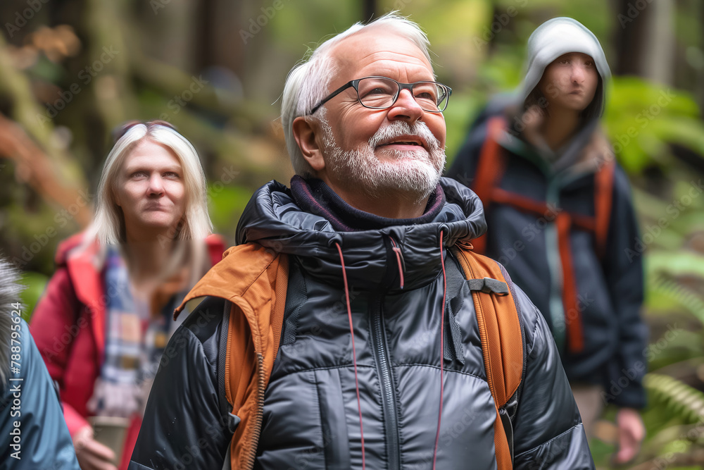 Old gray-haired man with his company on a mountain hike in nature