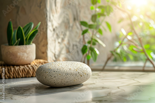 Empty podium for cosmetics beauty product presentation. Made with pumice stone on a bathroom table.