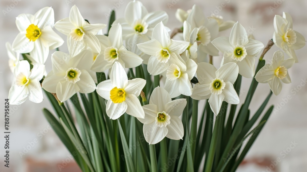 A vase holds white and yellow blooms atop a weathered wooden table against a brick wall backdrop A vase holds white and yellow blooms atop a weathered wooden table against a brick wall backdrop