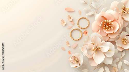 Wedding card background with two wedding rings and beautiful flowers