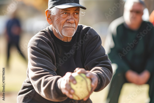 An old man plays baseball photo