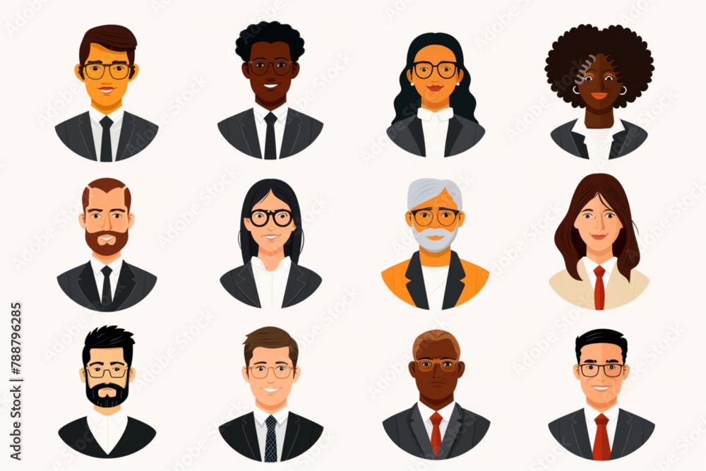 Multiethnic business people collection. Men and women of different ages and races in office attire on a white background 3D avatars set vector icon, white background, black colour icon