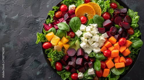  A salad plate with carrots, radishes, tomatoes, cheese, and lettuce