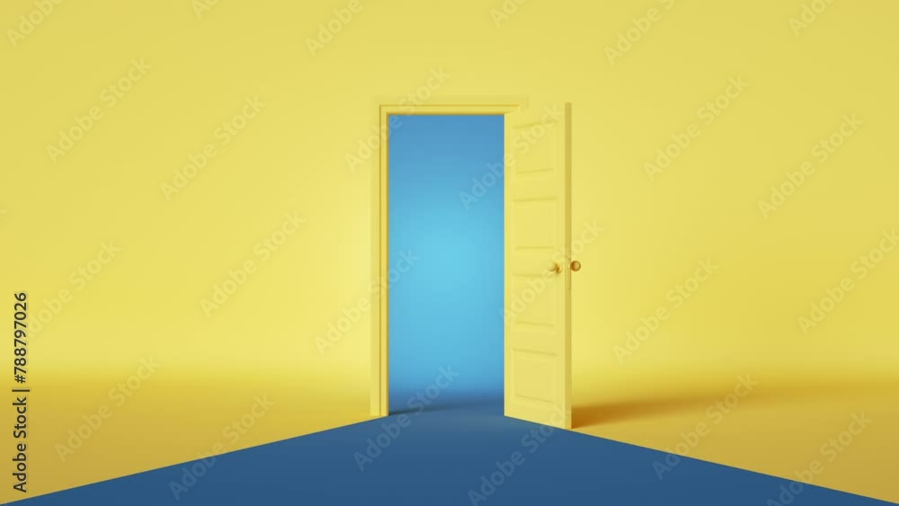 3d animation. Bright blue light behind the opening door inside the empty yellow room. Simple cartoon style. Modern minimal animated background. Opportunity metaphor 3d animation. Bright blue light behind the opening door inside the empty yellow room. Simple cartoon style. Modern minimal animated background. Opportunity metaphor