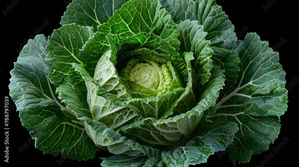 Fototapeta premium A tight shot of a head of lettuce against a black backdrop, featuring a white dot in its focal point