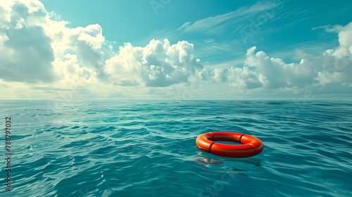 A solitary lifebuoy floating on a calm sea under a cloudy sky. Symbolizing safety, rescue and solitude. A serene seascape scene suitable for various designs. AI