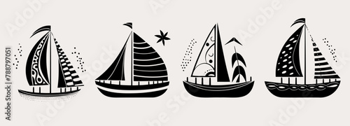 Collection of four sailboat silhouettes on a white background. Ship and marine boat black silhouette set. Small and large seagoing vessels. Vector line art illustration on white background