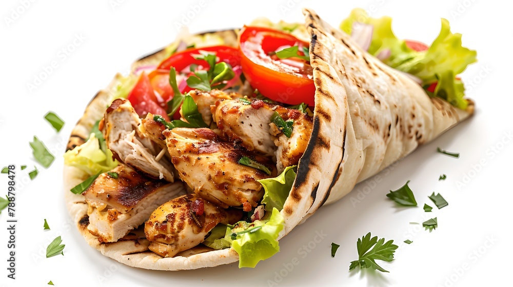 Delicious grilled chicken wrap with fresh vegetables on a white background, perfect for menus and advertisements. Healthy fast food option. AI Delicious grilled chicken wrap with fresh vegetables on a white background, perfect for menus and advertisements. Healthy fast food option. AI