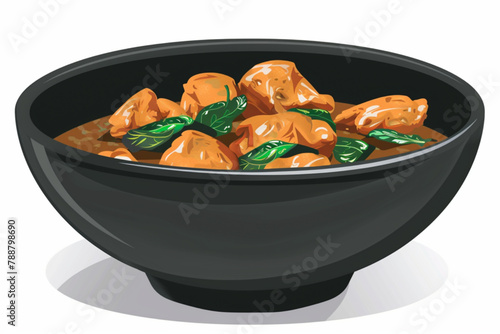 collection of Chicken Vindaloo with spinach in black bowl isolated on white or transparent background . Portuguese Influenced Indian dish made by cooking chicken in vindaloo spice paste. vector icon,  photo