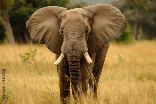 In the golden hour of sunset, an African elephant commands the savannah, its iconic silhouette framed by the soft light and acacia trees in the distance.