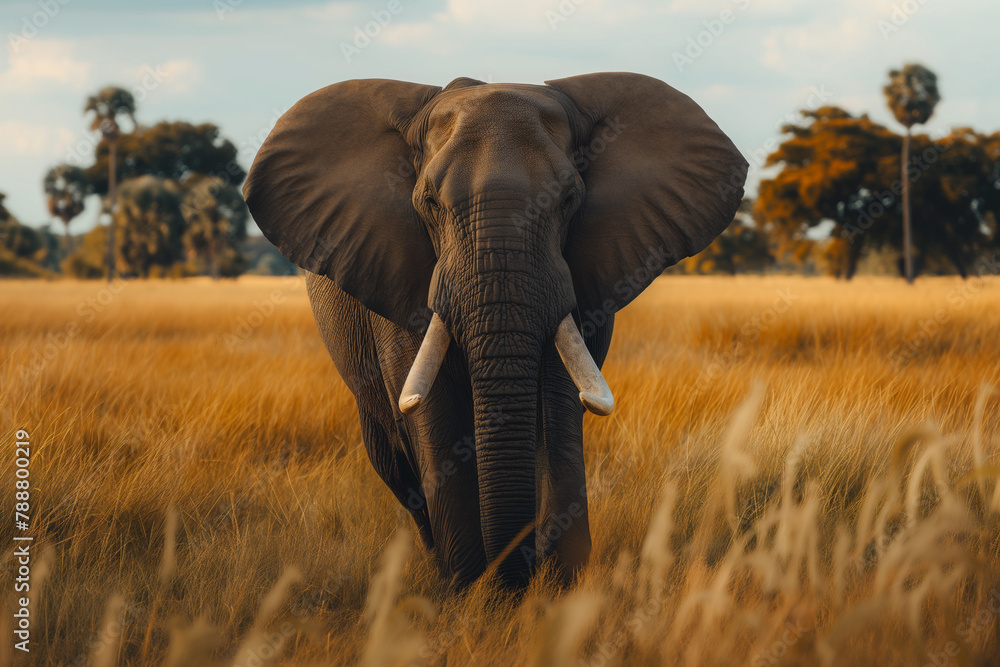 Fototapeta premium In the golden hour of sunset, an African elephant commands the savannah, its iconic silhouette framed by the soft light and acacia trees in the distance.