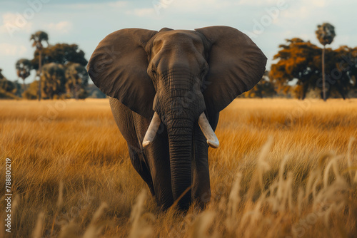 In the golden hour of sunset, an African elephant commands the savannah, its iconic silhouette framed by the soft light and acacia trees in the distance. © Darya